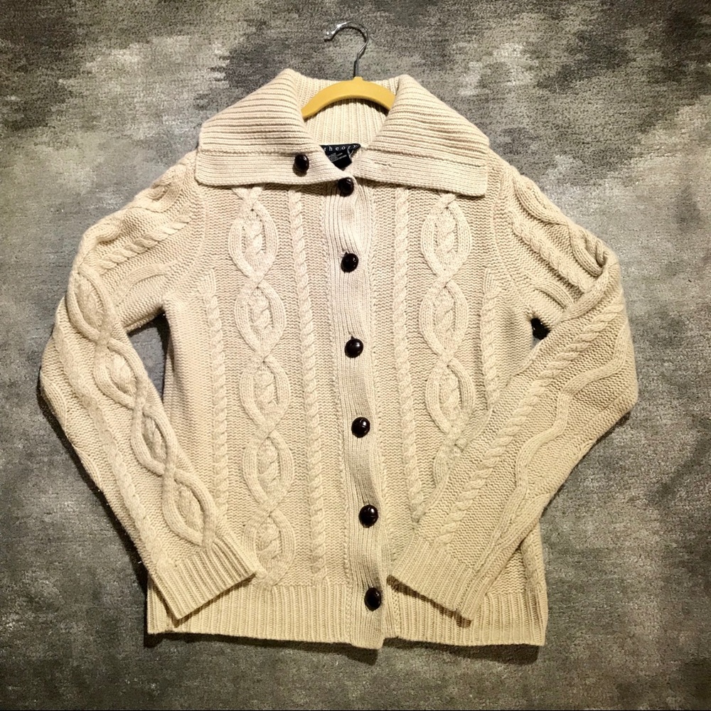 THEORY Beige Wool-Cashmere Cable Knit Cardigan